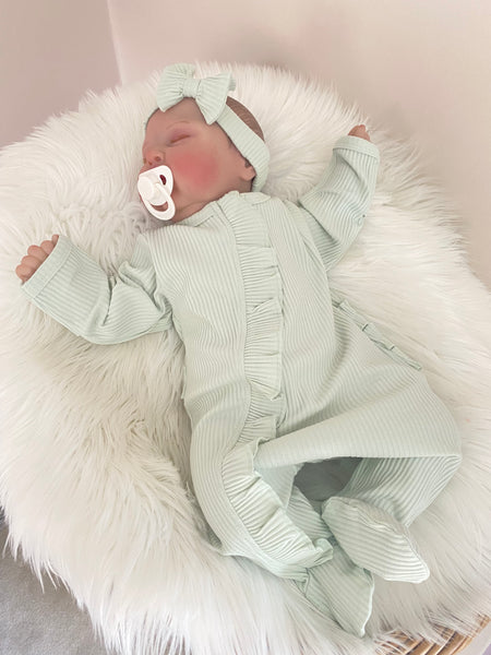 Baby Girls Frilly Bum All in One Outfit - Sage