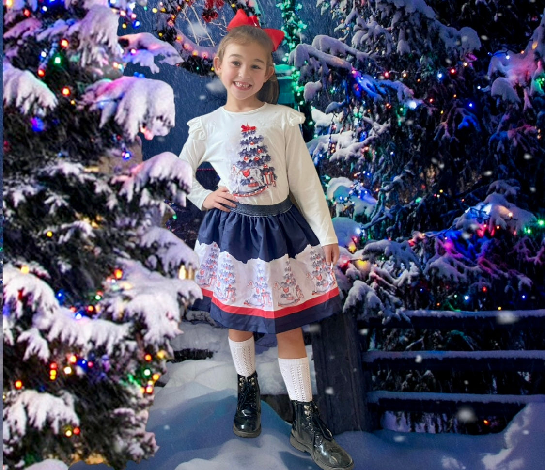 Girls Christmas Top and Skirt Set - Navy