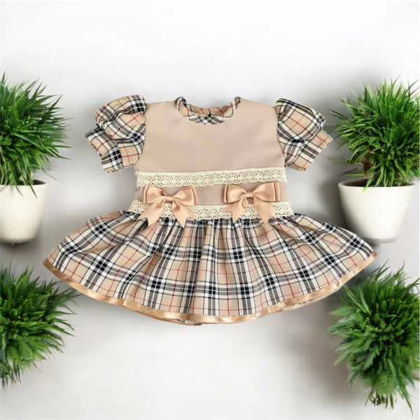 Baby Girls Burberry Inspired  Dress with bows &  lace