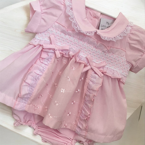 Baby Dress with Bows, Smocking and Lace