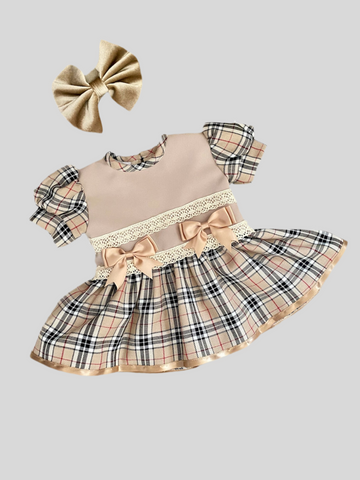 Baby Girls Burberry Inspired  Dress with bows &  lace