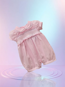 Baby Girls spanish Romper all in one  with Smocked bodice  and Lace trim