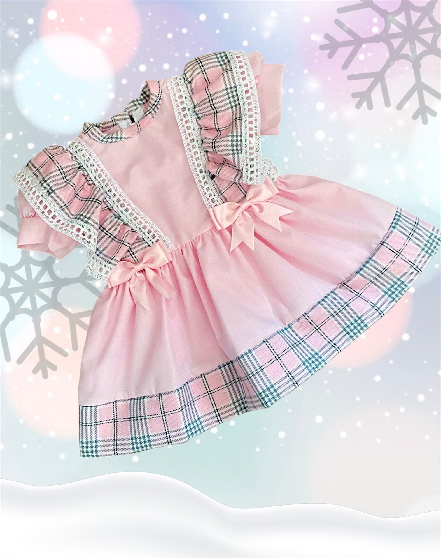 Handmade pink trim check dress baby girls wear 