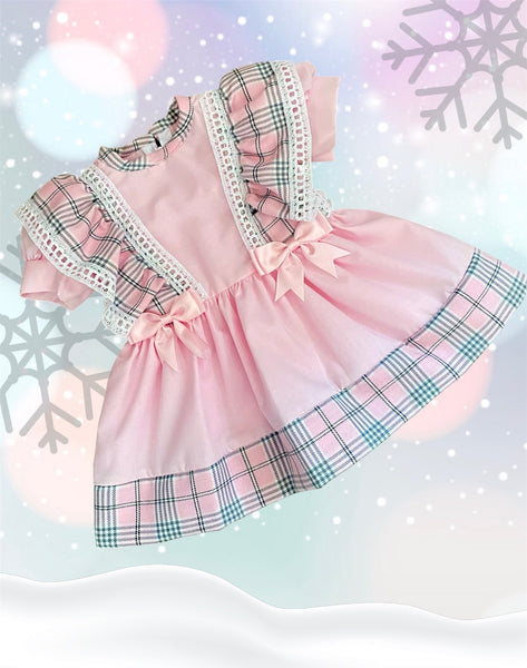 Handmade pink trim check dress baby girls wear 