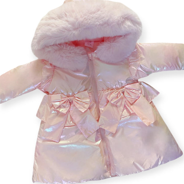 WeeMee Baby Girls Pink Pearl Iridescent Jacket With Faux Fur Hood