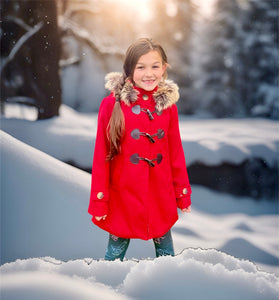 Girls Wooly Toggle Coat With Fur Trim - Red