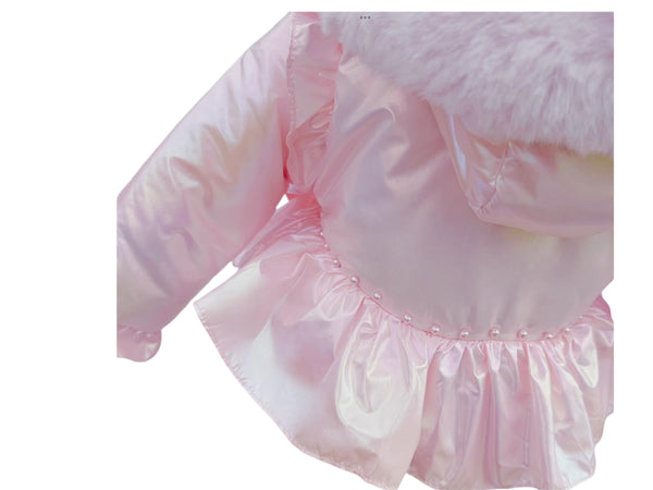 WeeMee Baby Girls Pink Pearl Iridescent Jacket With Faux Fur Hood