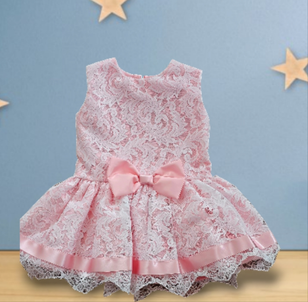 Baby Girls Pink Lace  with satin bow spanish style  Dress