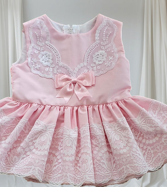 Baby Girls Lace trimmed spanish style  Dress - Pink