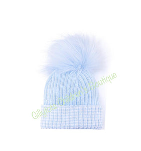 baby blue single faux fur pom hat newbron baby blue pom pom 